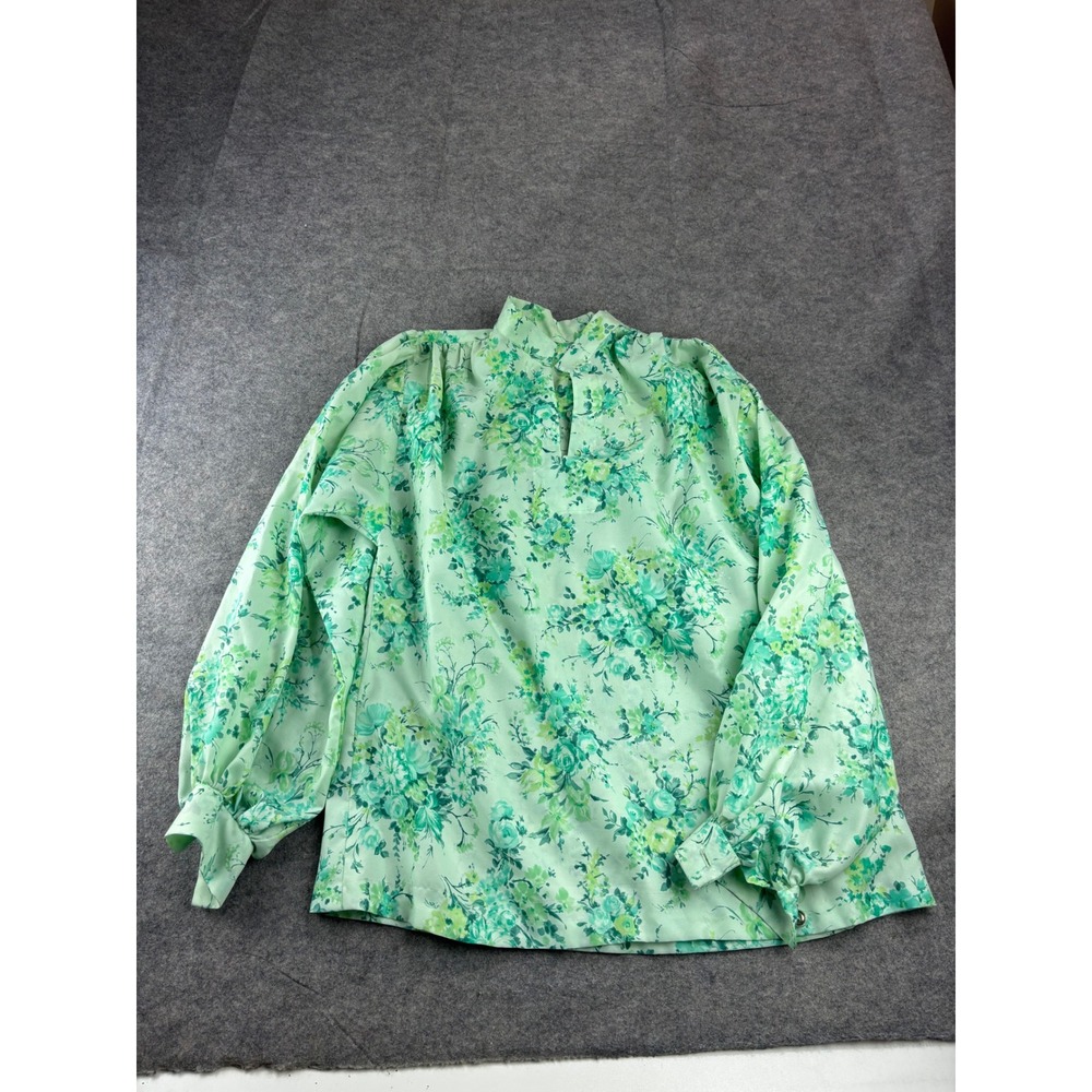 VTG Handmade Green Floral Long Sleeve High Neck Blouse Puff Sleeve Sz L? Career